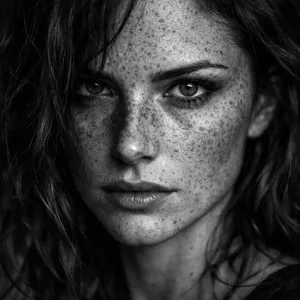 A black and white close-up portrait of a freckled woman with an intense gaze. - OpenAI GPT Image 1.5