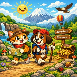 A cartoon of a cat and a dog on an adventure, drawn in a colorful 2D style. - OpenAI GPT Image 1.5