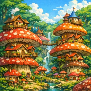 A forest of giant mushrooms with houses built on top of them, rendered in a whimsical Studio Ghibli-inspired art style with vibrant colors and fantastical details. - OpenAI GPT Image 1.5