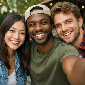 A group selfie of three friends of different ethnic backgrounds smiling at the camera. - OpenAI GPT Image 1.5