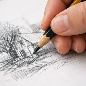 A hand drawing a sketch on paper with a pencil, the hand and pencil tip in clear focus. - OpenAI GPT Image 1.5