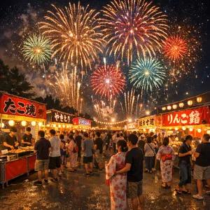 A nighttime festival with fireworks in the sky, food stalls lined up, and crowds mingling. - OpenAI GPT Image 1.5