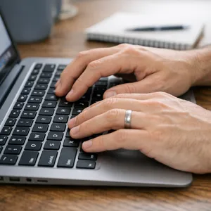 A person typing on a laptop keyboard, showing both hands on the keys. - OpenAI GPT Image 1.5