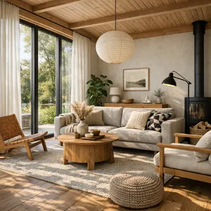 A photorealistic interior of a modern Scandinavian-style living room with natural light streaming through floor-to-ceiling windows. Show detailed wood textures, fabric materials, and proper light reflections. - OpenAI GPT Image 1.5