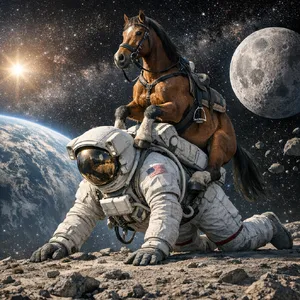 A realistic astronaut being ridden by a horse, photorealistic depiction in outer space with accurate lighting and proportions - OpenAI GPT Image 1.5