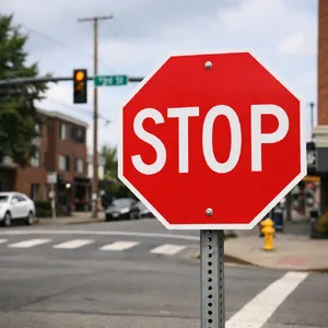 A red stop sign on a street corner displaying the word 