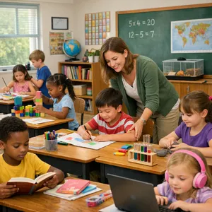 A school classroom of children and a teacher, each student engaged in a different activity. - OpenAI GPT Image 1.5