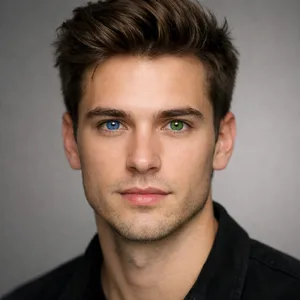 A studio headshot of a young man with one blue eye and one green eye (heterochromia). - OpenAI GPT Image 1.5