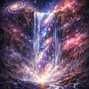 A waterfall that pours out stars and galaxies instead of water, illustrated in a cosmic fantasy style with vibrant space colors and dramatic lighting effects. - OpenAI GPT Image 1.5