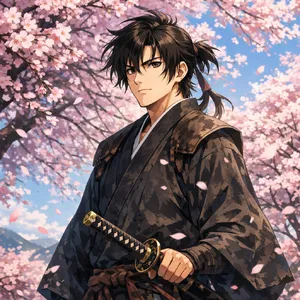 An anime-style portrait of a samurai standing under pink cherry blossoms. - OpenAI GPT Image 1.5