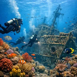An underwater scene with scuba divers exploring a coral reef alongside colorful fish and a sunken ship. - OpenAI GPT Image 1.5