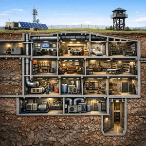 Cross-section rendering of a multi-level underground bunker with different functional areas, structural support systems, ventilation, and power generation facilities visible. - OpenAI GPT Image 1.5
