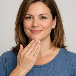 Photorealistic close-up portrait of a person clearly performing the American Sign Language gesture for 