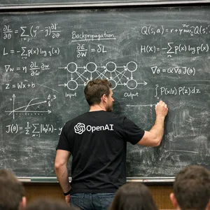 Photorealistic depiction of a man wearing a clearly visible black OpenAI-branded T-shirt. He is standing at the front of a university lecture hall, writing complex mathematics and AI-related equations across a large, dusty chalkboard filled with notation - OpenAI GPT Image 1.5