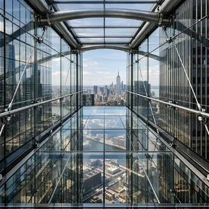 Photorealistic rendering of a contemporary glass skybridge between two skyscrapers, seen from inside with city views visible through glass walls and floor. Show accurate reflections and structural details. - OpenAI GPT Image 1.5