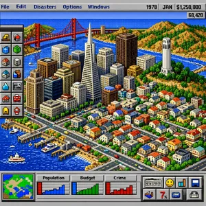 Pixel art cityscape of San Francisco in the iconic SimCity 2000 style, isometric view, detailed skyscrapers, residential areas, clearly identifiable Golden Gate Bridge, Coit Tower, Transamerica Pyramid, surrounded by the classic SimCity 2000 UI elements - OpenAI GPT Image 1.5