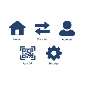 Set of 5 consistent flat design icons for a mobile banking app: 'Home', 'Transfer', 'Account', 'Scan QR', 'Settings'. Monochrome dark blue. - OpenAI GPT Image 1.5