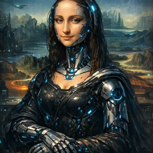 The Mona Lisa reimagined as a futuristic android, rendered in a digital art style that preserves Da Vinci's composition while incorporating sleek cyberpunk aesthetics and technological elements. - OpenAI GPT Image 1.5