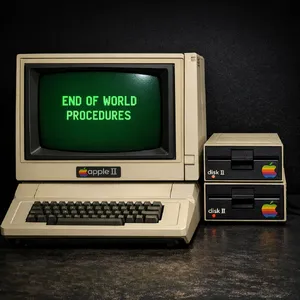 Vintage Apple II computer with green monochrome CRT screen, displaying 'END OF WORLD PROCEDURES' in green text. Two external floppy drives stacked on the right, labeled disk II with rainbow Apple logos. Beige casing, black background, retro aesthetic. - OpenAI GPT Image 1.5
