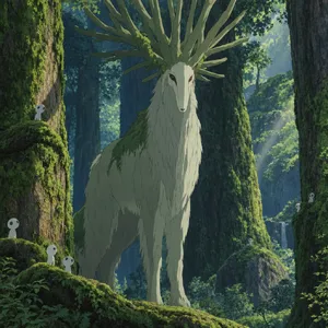 A forest spirit standing among tall trees. Replicate the artistic style of 'Princess Mononoke' by Studio Ghibli, with Miyazaki's detailed environments and mystical creature design. - OpenAI GPT Image 2.5 Flare