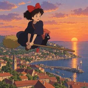 A young witch flying on a broomstick above a coastal town at sunset. Exact art style of 'Kiki's Delivery Service' by Studio Ghibli, with Miyazaki's character design and warm colors. - OpenAI GPT Image 2.5 Flare