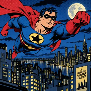 A comic-book style superhero flying over a city at night, with halftone shading. - OpenAI GPT Image 2.5 Sunburst