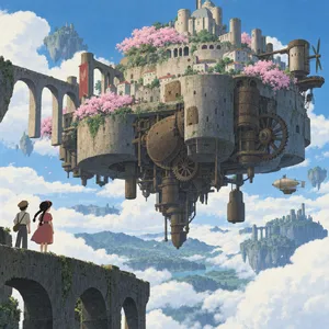 A floating steampunk castle in the sky with intricate mechanical gears and cherry blossom trees, illustrated in Hayao Miyazaki's Castle in the Sky (1986) art style with watercolor textures and detailed line work. - OpenAI GPT Image 2.5 Sunburst