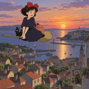 A young witch flying on a broomstick above a coastal town at sunset. Exact art style of 'Kiki's Delivery Service' by Studio Ghibli, with Miyazaki's character design and warm colors. - OpenAI GPT Image 2.5 Sunburst