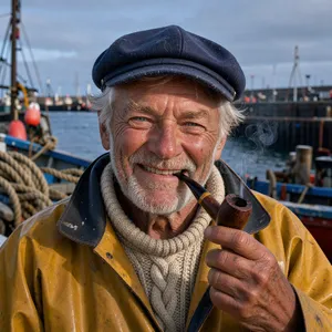 A 4K photo of an old fisherman with a weathered face and a pipe, grinning. - Black Forest Labs FLUX 3 Image