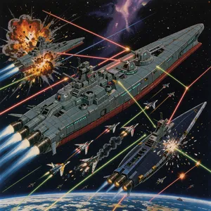 A 90s anime-style space battle scene with giant starships and laser beams. - Black Forest Labs FLUX 3 Image