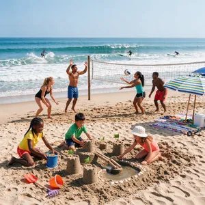 A beach scene: adults playing volleyball, kids building sandcastles, and surfers riding waves. - Black Forest Labs FLUX 3 Image