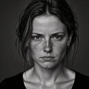 A black and white close-up portrait of a freckled woman with an intense gaze. - Black Forest Labs FLUX 3 Image