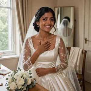 A bride on her wedding day, smiling with tears of joy in her eyes. - Black Forest Labs FLUX 3 Image