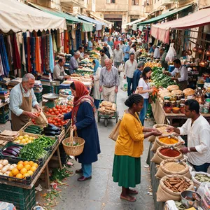 A bustling market scene with dozens of people buying and selling goods. - Black Forest Labs FLUX 3 Image