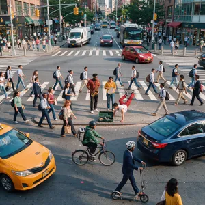 A busy city intersection with cars, pedestrians, and street performers all in one frame. - Black Forest Labs FLUX 3 Image