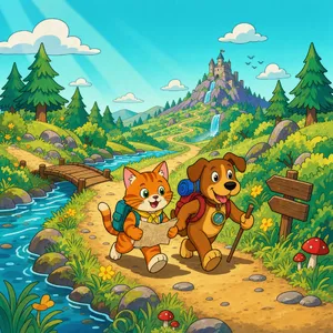 A cartoon of a cat and a dog on an adventure, drawn in a colorful 2D style. - Black Forest Labs FLUX 3 Image