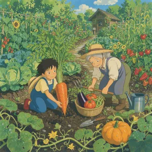 A child and elder tending oversized vegetables in a garden. Reproduce the artistic style of Studio Ghibli, with their distinctive character proportions and detailed plant illustrations. - Black Forest Labs FLUX 3 Image