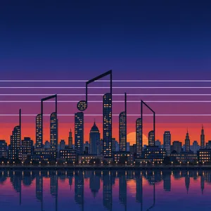 A city skyline that forms the shape of musical notes on a staff, created in a stylized graphic design aesthetic with clean architectural lines and dramatic twilight colors. - Black Forest Labs FLUX 3 Image