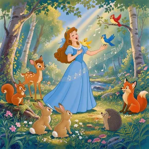 A classic Disney-like 2D cartoon princess singing with animals in a forest. - Black Forest Labs FLUX 3 Image