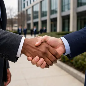 A close-up of two people shaking hands, both hands fully visible with five fingers each, in sharp focus against a blurred background. - Black Forest Labs FLUX 3 Image