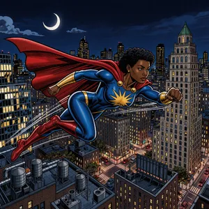 A comic-book style superhero flying over a city at night, with halftone shading. - Black Forest Labs FLUX 3 Image