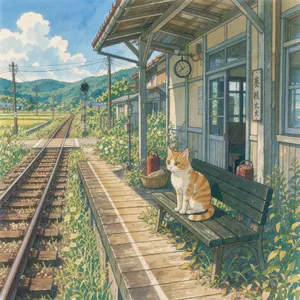 A countryside train station with a cat waiting on a bench. Rendered in Studio Ghibli animation style with Miyazaki's watercolor backgrounds and hand-drawn quality. - Black Forest Labs FLUX 3 Image