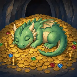 A cute chibi-style dragon sleeping on a pile of gold. - Black Forest Labs FLUX 3 Image