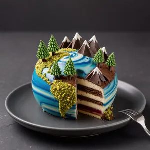 A dessert cake that looks like a tiny planet, complete with miniature trees and mountains, photographed in a professional food photography style with tilt-shift focus effect. - Black Forest Labs FLUX 3 Image