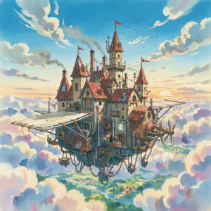A flying castle floating in clouds at sunrise. Match the visual aesthetic of 'Howl's Moving Castle' by Studio Ghibli, with Miyazaki's blend of steampunk elements and fantasy. - Black Forest Labs FLUX 3 Image