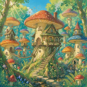 A forest of giant mushrooms with houses built on top of them, rendered in a whimsical Studio Ghibli-inspired art style with vibrant colors and fantastical details. - Black Forest Labs FLUX 3 Image