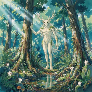 A forest spirit standing among tall trees. Replicate the artistic style of 'Princess Mononoke' by Studio Ghibli, with Miyazaki's detailed environments and mystical creature design. - Black Forest Labs FLUX 3 Image