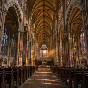 A Gothic cathedral interior at sunset with light streaming through detailed stained glass windows, creating colored patterns on stone floors and columns. Show accurate ribbed vaulting. - Black Forest Labs FLUX 3 Image