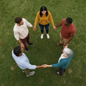 A group of five people joining hands in a circle, seen from above. - Black Forest Labs FLUX 3 Image