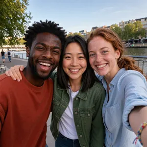 A group selfie of three friends of different ethnic backgrounds smiling at the camera. - Black Forest Labs FLUX 3 Image